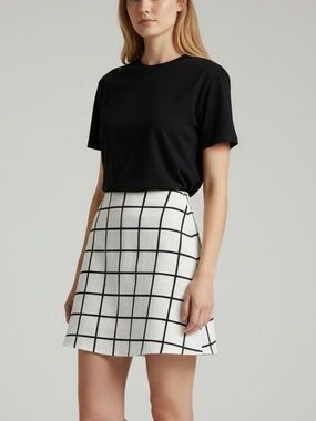 Mango Black & White Grid A-Line Skirt